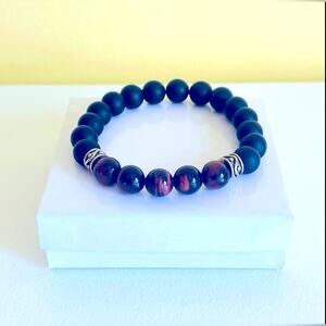 Red Tiger Eye & Black Onyx Beaded Bracelet Sterling Silver Accents